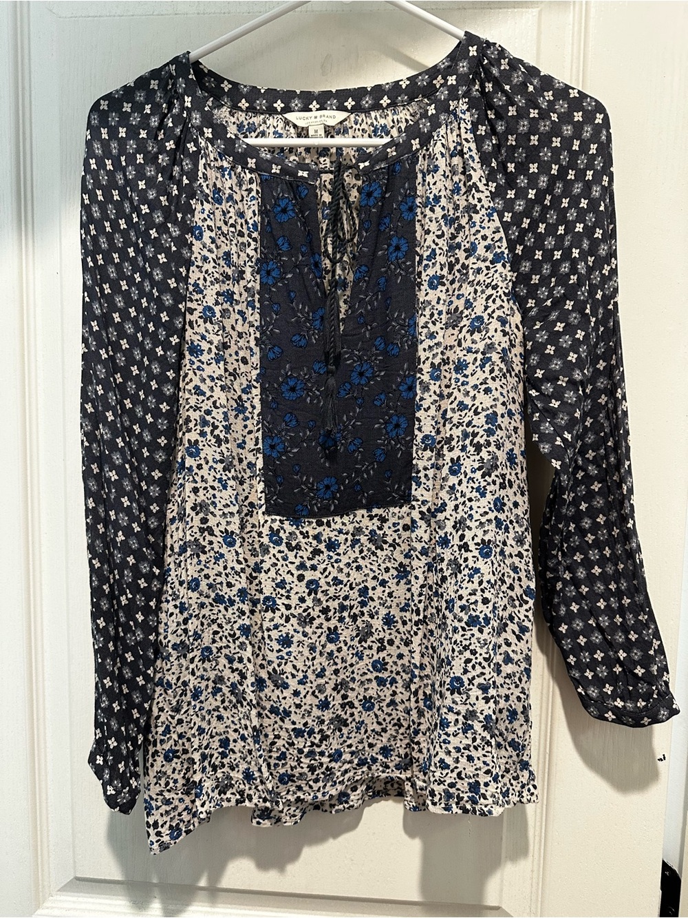 Lucky Brand Blue Mixed Floral Patchwork Tassel Tie Peasant Blouse M
